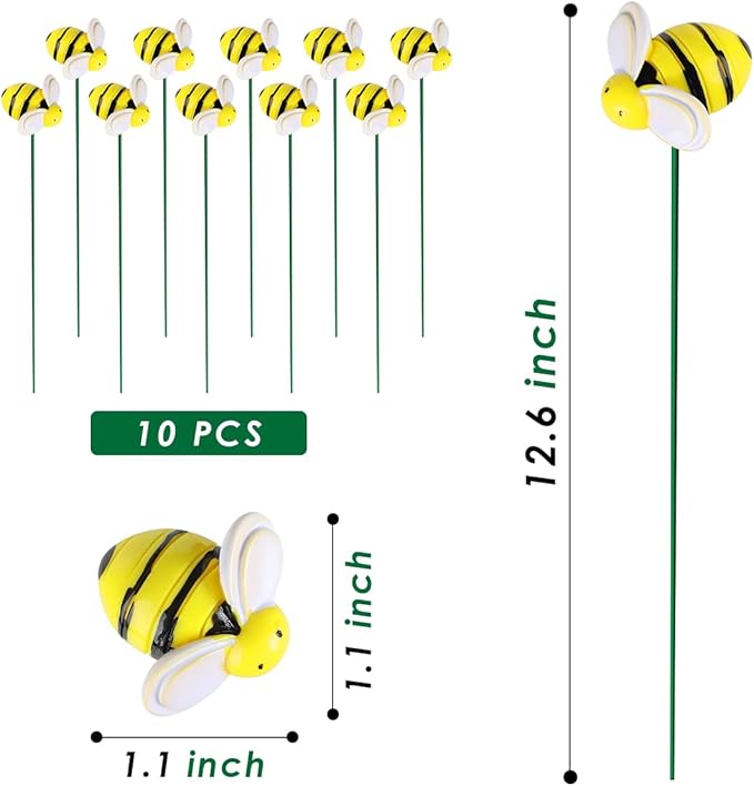 Bee Garden Stakes Decor, Metal Plant Garden Decor Yard Art, Cute Bee Design Decorative Garden Stakes for Garden Lawn Corridor Plant Pot, Flower Bed Decor Yellow (10Pcs)