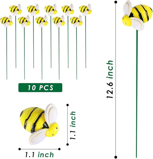 Bee Garden Stakes Decor, Metal Plant Garden Decor Yard Art, Cute Bee Design Decorative Garden Stakes for Garden Lawn Corridor Plant Pot, Flower Bed Decor Yellow (10Pcs)