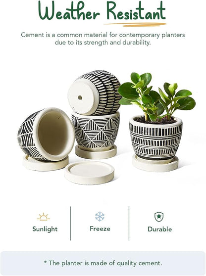 LE TAUCI 3 Inch Boho Succulent Pots, Artisanal Small Succulent Planters, Cement Small Plant Pots for Plants, Box for Mom, Women, Set of 4, Black and Cream White