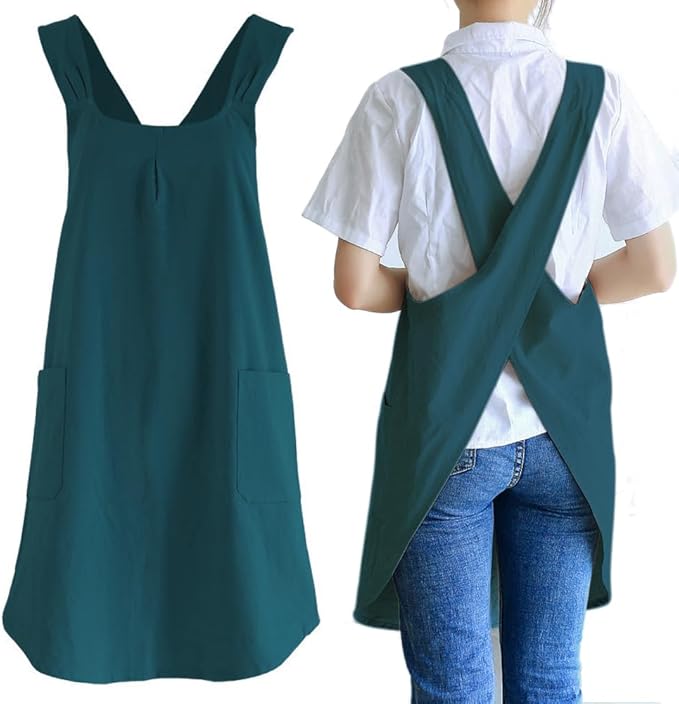NEWGEM Japanese Linen Cross Back Cooking Aprons for Women Men with Pockets Cute for Baking Kitchen