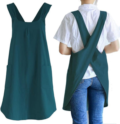 NEWGEM Japanese Linen Cross Back Cooking Aprons for Women Men with Pockets Cute for Baking Kitchen