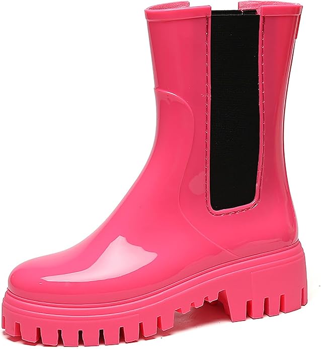 Women'S Waterproof Lug Sole Rain Boots Fashion Elastic Slip On Comfortable Platform Chunky Heel Chelsea Ankle Boots Casual Outdoor Non-Slip Rubber Garden Booties