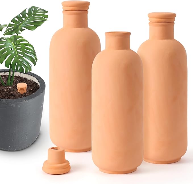 3pcs Terracotta Plant Watering Globes 3.5 * 10inch Terracotta Watering Pots Self Watering Planter 900ml for Indoor Outdoor Plants Clay Plant Watering Globes Planter Insert Watering Pots