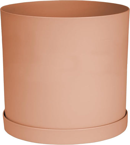 Bloem Mathers 10" Muted Terra Cotta Round Modern Resin Garden Planter Pot with Drainage Holes and Removable Saucer Tray Included