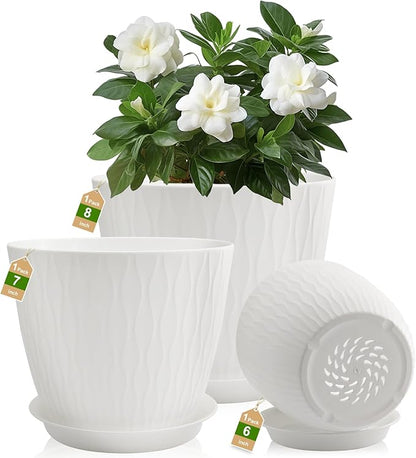 8/7/6 inch Plant Pots, 3 Pack Flower Pots for Outdoor Indoor Garden Plants, Large Planters with Multi Mesh Drainage Holes and Saucer (White, 8"+7"+6")