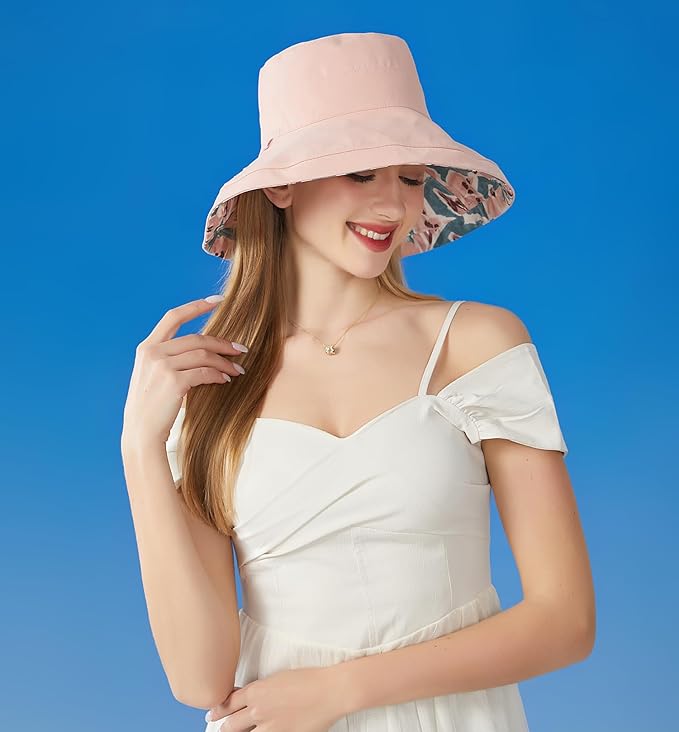 Wide Brim Women Sun Hat Summer Beach Bucket Fishing Hats Metal Wired Edge Packable UV Protection for Hiking Garden Travel
