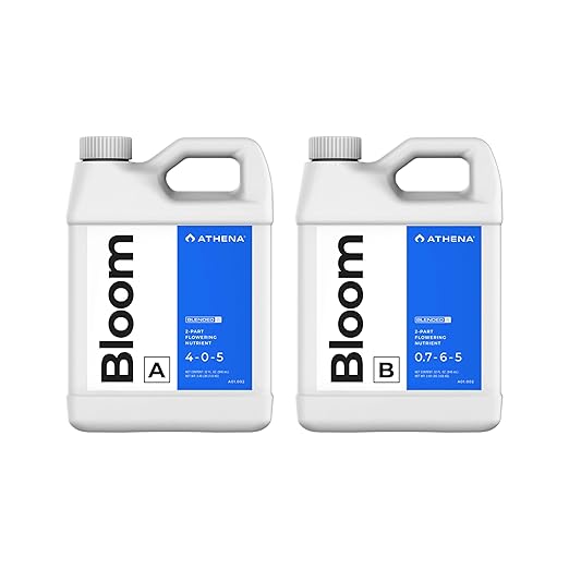 Athena Blended Bloom A&B | 2-Part Flowering Liquid Fertilizer for Hydroponics & Soil | Bloom Booster Plant Food | NPK A 4-0-5 | B 0.7-6-5 | 32 Ounce