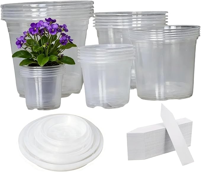 25 Packs 3/4/5/6/7 Inch Clear Nursery Pots, Nursery Pots with Drainage and Saucers, Clear Plastic Plant Pots, Flower Pots for Plants for Flowers, Succulents (with 25 Plant Labels)