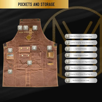 Mt Diablo 16oz - Woodworking Apron - Work Apron with Duck Weave Paraffin Waxed Canvas, Genuine Leather - Fits XS-XL
