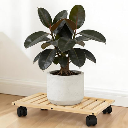 Wood Plant Caddy, Heavy Duty Plant Stand with Lockable Wheels, Rectangular Pot Dolly Flower Mover for Indoor Outdoor, Holds up to 100 Lbs