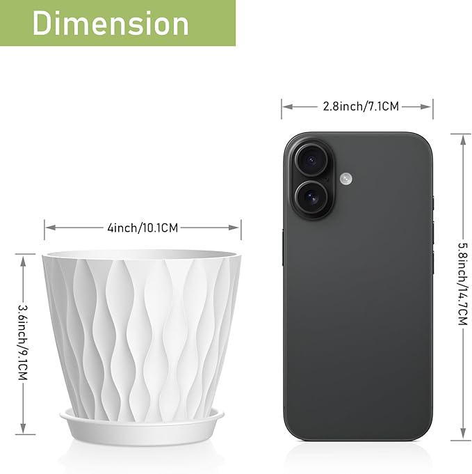 4 Inch Small Pots for Plants, 6 Pack Waffle Texture Small Plant Pots for Succulents, Plastic Planter with Drainage Holes and Saucers for Indoor Outdoor Plants, Flowers, Herbs, Seedlings, White