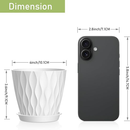 12 Pack 4 Inch Small Plant Pots with Saucers, Waffle Texture Plastic Planters with Drainage Holes for Indoor and Outdoor Plants, Flowers, Herbs, Succulents, and Seedlings, White