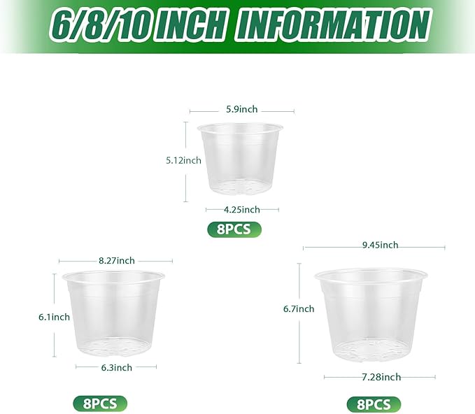 24 Pack 10/8/6 Inch Large Clear Nursery Pots with Drainage Hole, Plastic Plant Pots for Seedlings Flowers Succulents Vegetable, Indoor Outdoor Gardening (6/8/10 Inch-24Pack)