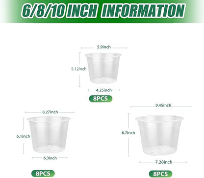 24 Pack 10/8/6 Inch Large Clear Nursery Pots with Drainage Hole, Plastic Plant Pots for Seedlings Flowers Succulents Vegetable, Indoor Outdoor Gardening (6/8/10 Inch-24Pack)
