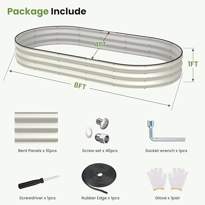 Galvanized Raised Garden Bed, 8x4x1 FT Oval Metal Planter Box for Outdoor, 12” Raised Beds for Gardening Vegetables Flower Herb(Pearl White)