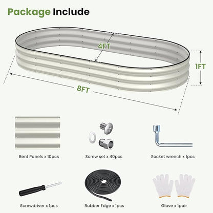 Galvanized Raised Garden Bed, 8x4x1 FT Oval Metal Planter Box for Outdoor, 12” Raised Beds for Gardening Vegetables Flower Herb(Pearl White)
