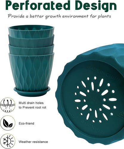 6 Inch Indoor Planter Pots with Drainage Hole and Tray Saucer,Flower Pots for Indoor Outdoor Garden Plants and Flowers, Multicolor, 5 Packs (Blue)