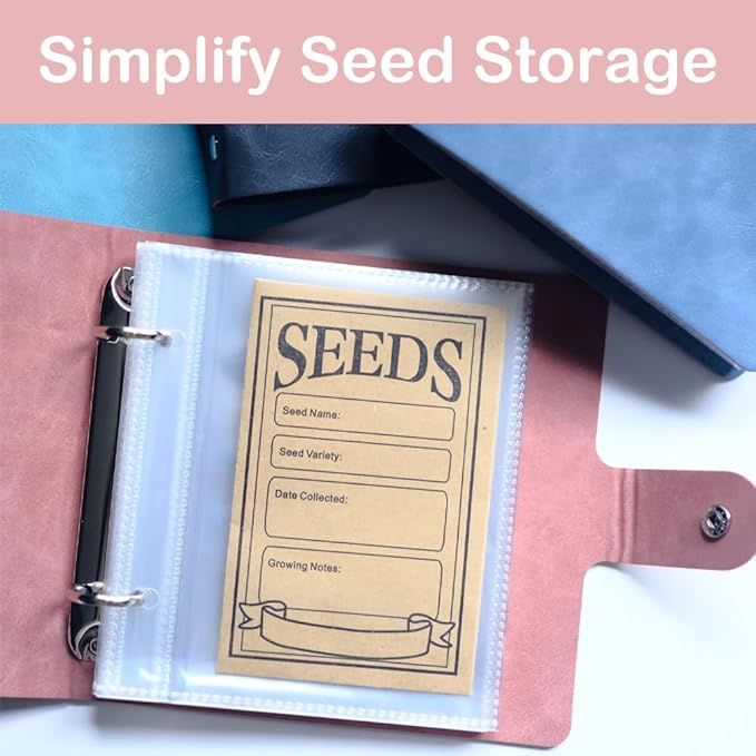 Seed Storage Organizer Binder, PU Seed Packet Organizer with 50 Clear Pockets(25 Pack Sheet Sleeves) and 50 Pack Seed Envelopes, Garden Seed Holder Book, Pink Flower Plant Seed Keeper