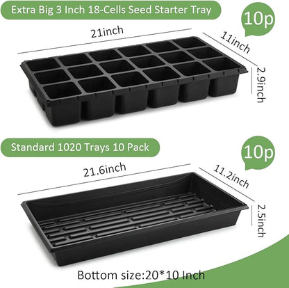 10 Pack 3 Inch Square Pots 2.9" Deep 18 Big Cell Seedling Trays with 10 Pack Water Collection Nursery 1020 Trays No Holes for Seeds Starting and Transplanting (20"x10",10 Sets)