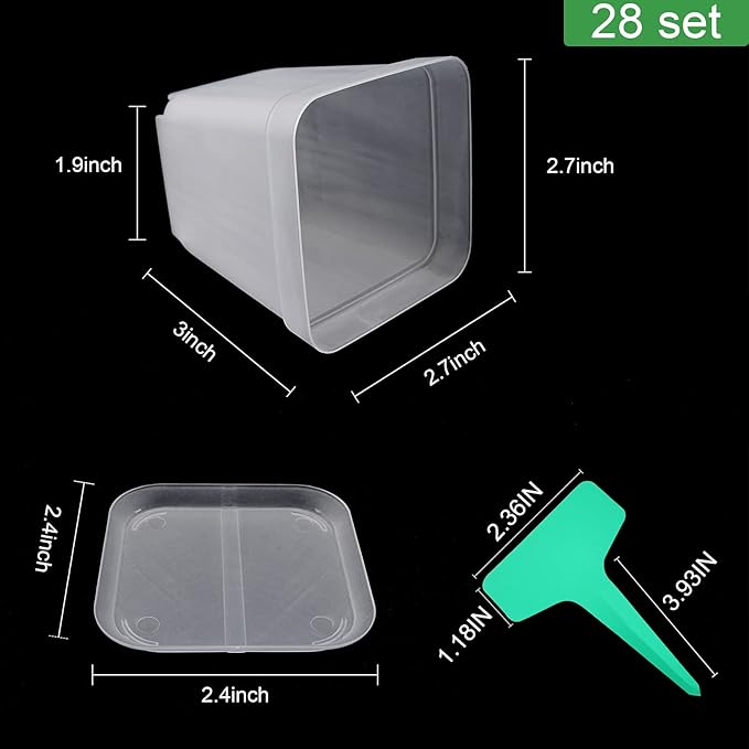 Square Nursery Pots Plastic 28 pcs 3 inches with Saucers and Plant Labels Reusable Seedling Pots Frosted Starter Plant Pots Mini Planter for Indoor/Outdoor