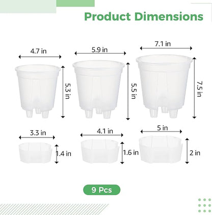 OMISTAR 9 PCS Self-Watering Pot with Reservoir, 3 Sizes Clear Plastic Plant Pots with Air and Drainage Holes, Indoor and Outdoor Flower Planters for Home Office, Healthy Root Growth