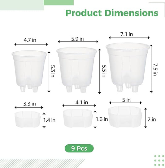 OMISTAR 9 PCS Self-Watering Pot with Reservoir, 3 Sizes Clear Plastic Plant Pots with Air and Drainage Holes, Indoor and Outdoor Flower Planters for Home Office, Healthy Root Growth