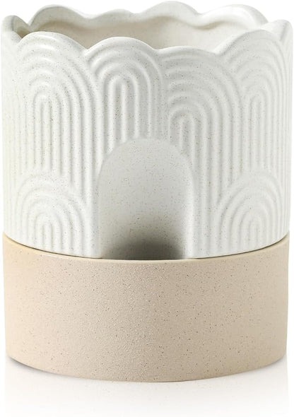 Nihow Self Watering Plant Pot: 6 Inch Ceramic Planter with Drainage Hole & Water Storage Plus - Relief Design Self Watering Pot for Indoor Plants - Beige & Nature Flower Pot