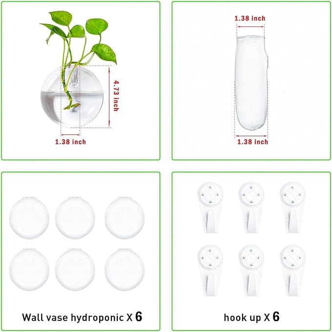 6 PCS Glass Wall Hanging Planters for Flowers, Hydroponics, Indoor Use, Medium, Transparent, Round, Classic Style