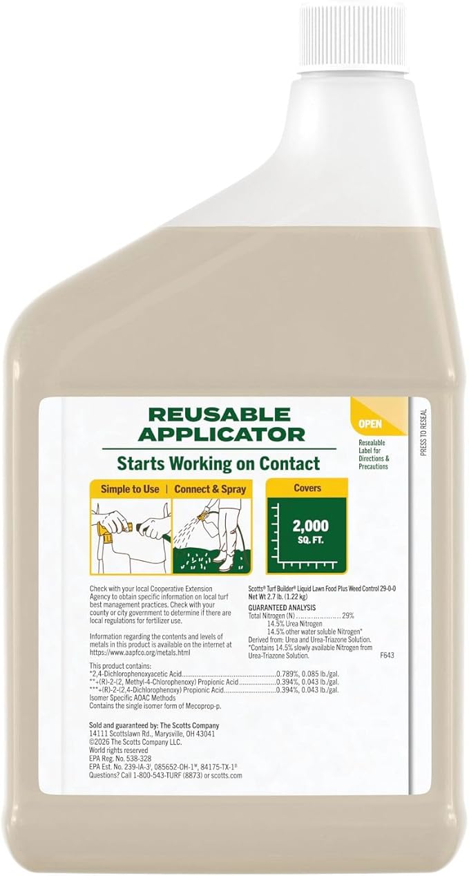 Scotts Turf Builder Liquid Lawn Food Plus Weed Control Refill, Weed and Feed, Controls Dandelions, Clover, and Other Listed Lawn Weeds, 32 fl. oz.