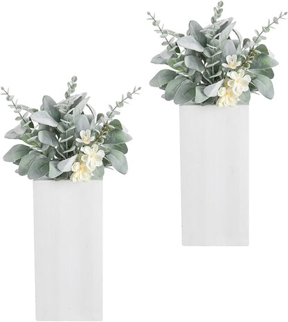 Wood Wall Planters 2 Pack with Artificial Greenery Plants - Pocket Wall Vases for Dried Flowers - Wood Wall Decor Hanging Planters for Living Room, Bedroom, Home Decor - White
