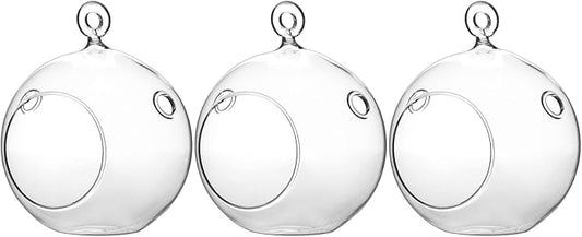 WGV Hanging Terrarium Globe, Width 4", Height 4.75", DIY Air Succulent Planter, Clear Glass Vase Orb with Flat Bottom, Candle Holder for Windowsill Outdoor Garden Decor, 3 Pieces Bulk