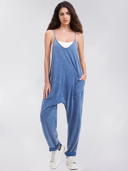 EXLURA Womens Casual Summer Jumpsuits 2026 Romper Bib Outfits Beach Vacation Denim Trendy Fashion Overalls with Pockets