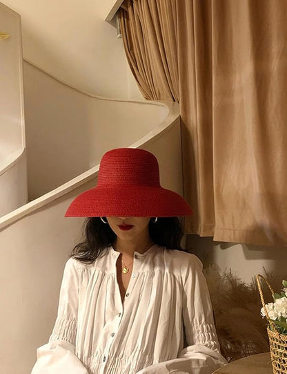 Wide-Brim Classic Elegant Style Foldable Straw Hat Women's Retro UV Resistant Sun Hats for Outdoor, Beach and Travel