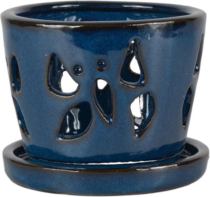 W&W Orchid Pot with Holes and Saucer for Repotting, Blue, 5 Inch