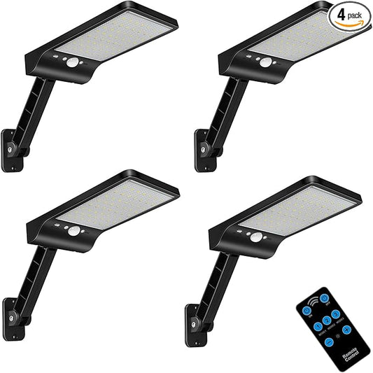 Aqonsie Solar Lights Outdoor with Remote, 180° Adjustable 56LED Solar Flood Light, Outside Security Motion Sensor Lights Outdoor with 3 Lighting Modes for Backyard,Gutter,Garden,Front Door 4 Pack