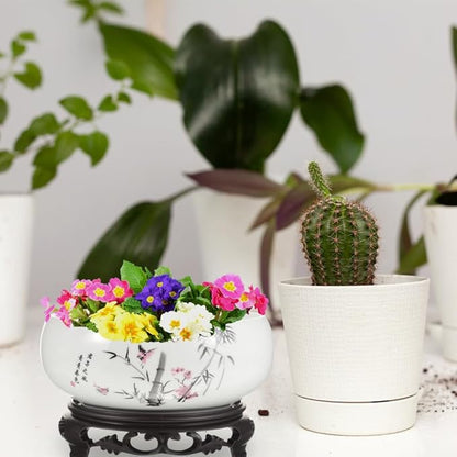 Angoily Lotus Bowl Planter, Water Lily Bowl, Water Lily Pot, Ceramic Planter Pot, Round Ceramic Hydroponic with Plastic Base, Classic Pottery Container for Indoor Plant Storage Decorative Home Office
