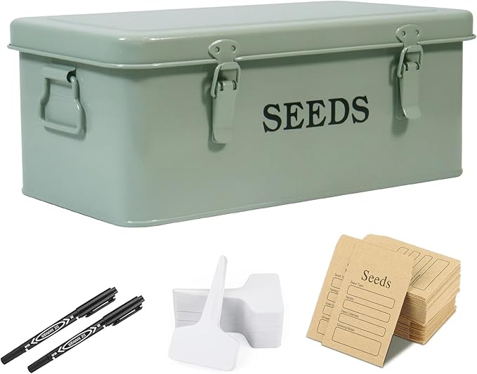 Seed Storage Organizer,Metal Seed Saving Box with Lid and Safety Locks, 4 Compartment Seeds Saver Kit with 2 Pens,20 Plant Labels and 50 Seeds Envelopes, Green Gardening Gift