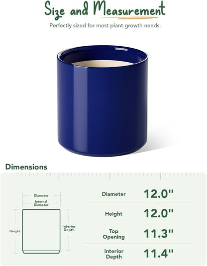 LE TAUCI 12 Inch Pot for Plants, Ceramic Planters for Indoor Plants, Mid-Century Modern Cylinder Flower Pots with Drainage Hole, Fits Fiddle Leaf Fig & Monstera, Home Decor, Midnight Blue