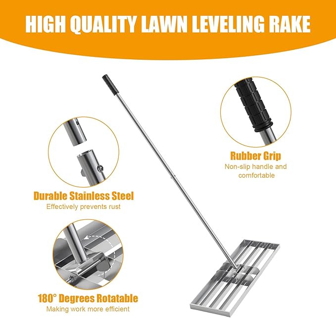 BBQ-PLUS 48" Lawn Leveling Rake, Lawn Leveler Tool with 52"-78" Adjustable Telescopic Handle, Effort-Saving Level Rake for Dirt, Soil, Grass, Golf Course, Farm & Garden, Heavy-Duty Stainless Steel