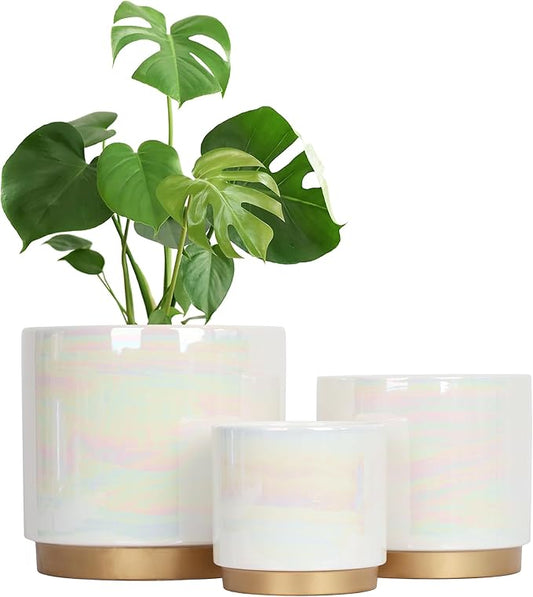 Gepege White Indoor Pots for Plants, Ceramic Planter with Drainage Hole, 9.6inch+7.6Inch+6Inch. Succulent Orchid Flower Pot - Rainbow Pearl Glaze