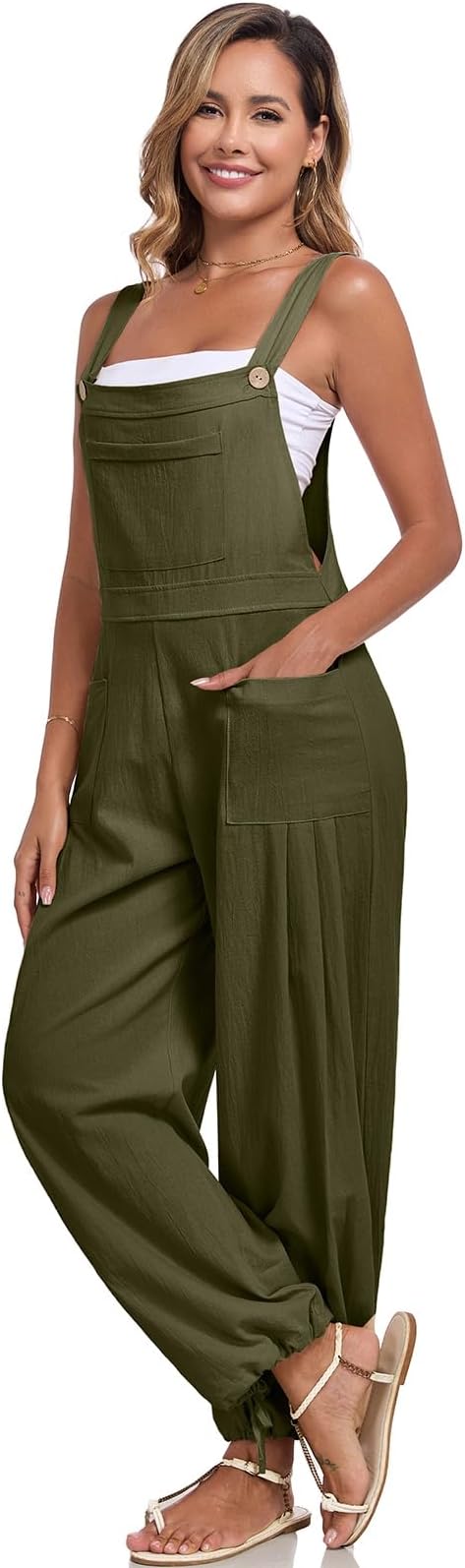 ALSOGO Womens Wide Leg Overalls Loose Beach Vacation Outfits Jumpsuits 2025 Causal Sleeveless Rompers with Pockets