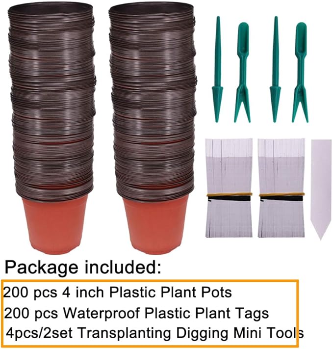 200 Pcs 4 Inch Plastic Seedlings Plants Nursery Pots with 200 Pcs Waterproof Plastic Plant Tags and 2 Set Transplanting Digging Mini Tools for Outdoor use(Red Brown)