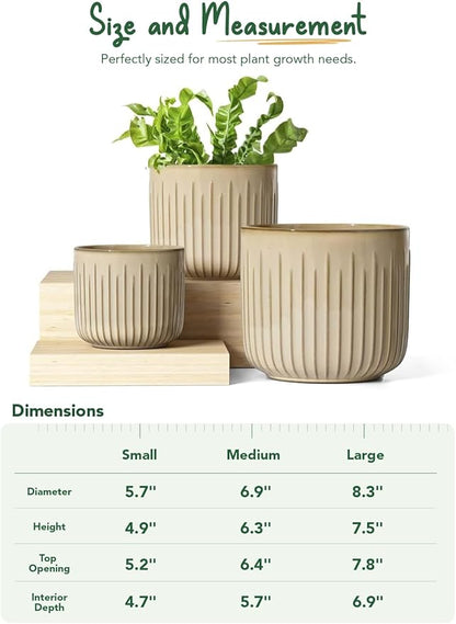 LE TAUCI Fluted Ceramic Pots for Plants, 8.3/7/6 Inch Indoor Planters with Drainage Holes & Mesh, Modern Glossy Glaze Cylinder Plant Pot for Snake Plant, Set of 3, Sand Beige