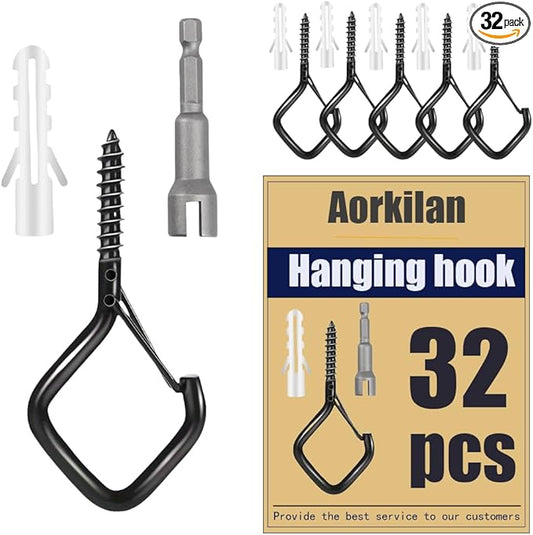 32-Pack Heavy-Duty Black Screw Eye Hooks with Safety Clips | Metal Ceiling Hooks for Hanging Plants, Wind Chimes, Bird Feeders & Indoor/Outdoor Lights