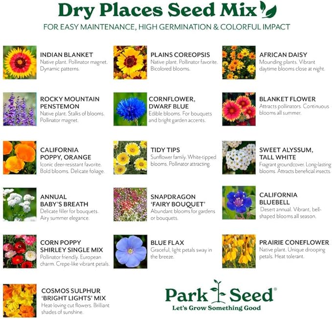 Park Seed Grow Your Own Vibrant Annual and Perennial Wildflower Garden Mixture, Easy to Grow Varieties for Pollinators and Spring Gardens - Dry Places Mix, 5 lbs