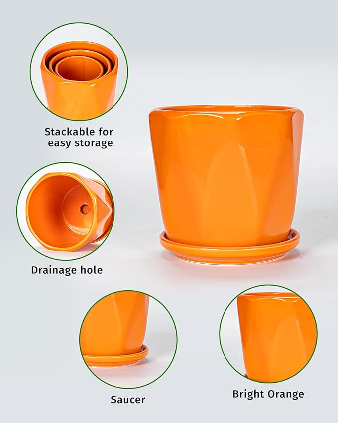 Ceramic Plant Pots, 6.7 + 5.3 + 3.9 Inch Octagon Pots for Plants, Flower Planters for Indoor with Drainage and Saucer Set of 3, Bright Orange