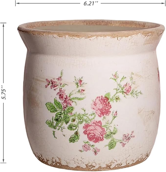 Cottage Ceramic Pots for Plants, 6.21 Inch Vintage Shabby Chic Planters for Indoor Plants, French Country Spring Balcony & House Decor, Pink Floral Vases for Centerpieces, Gardening Gifts