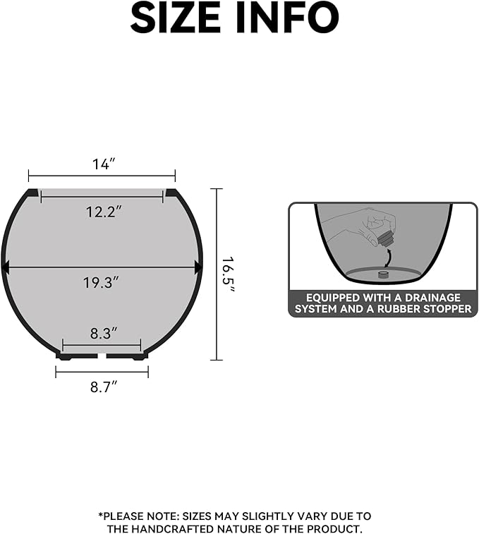 Kante Round Concrete Flower Pot, 19.3 Inch Dia (14" Opening) Sphere Shape Design Planter with Drainage Hole and Rubber Plug for Indoor & Outdoor Plants, Black Finish with Painted Interior