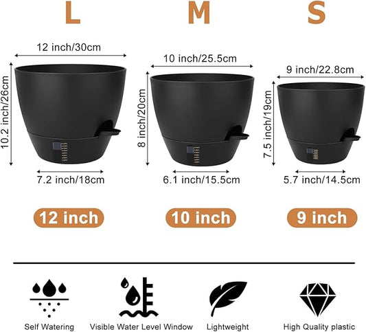 Self-Watering Plant Pots with Water Level Indicator, Drainage Holes & Saucers – 12/10/9 Inch Large Plastic Planter Set for Indoor & Outdoor Plants (Pure Black)