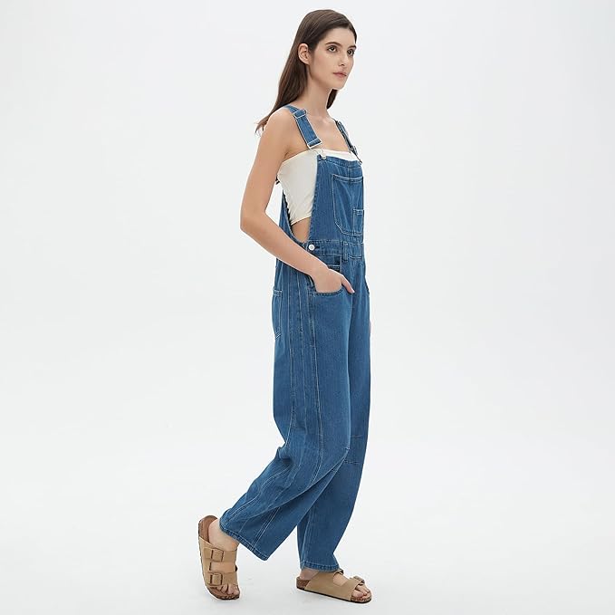 D-Sun Women's Striped Bib Overall Barrel Casual Tapered Overall Pants Wide Leg Adjustable Straps Stretch Jumpsuits